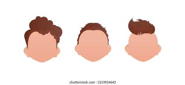 Set of Faces of little boys with different styles of haircuts. Isolated on white background.