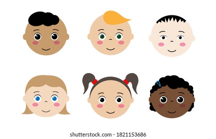 A set of faces of little children of different races, girls and boys. Flat style.