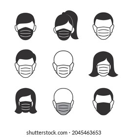 set of faces with mask, vector illustration