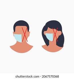 Set of faces in medical masks. Woman and man. Fight against coronavirus. No mask entry is prohibited. Advertising, banner, training. Illustrator, vector.