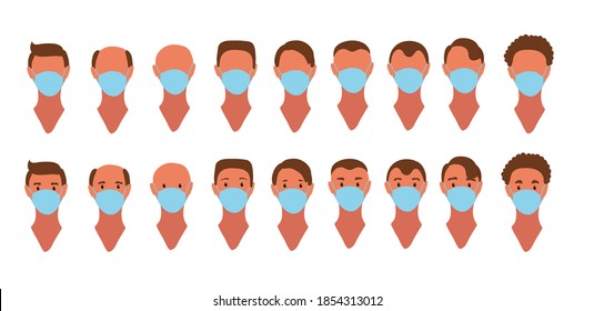 Set of faces with a medical protective mask. Eyes, and without eyes.
A different haircut, bald, curly. Cartoon flat vector illustration