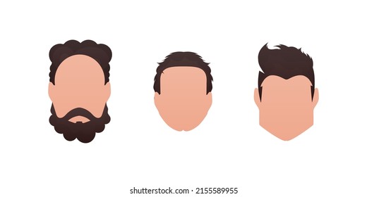 Set Faces of men with different hairstyles. Isolated. Vector.