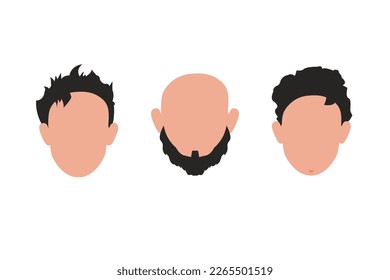 Set Faces of men with different styles of haircuts. Bald man Isolated on white background.