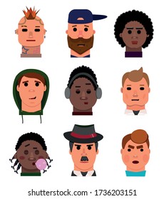 Set "Faces of men" - icons, cap hat, headphones, chewing gum, tie, shirt, mustache, beard, hoods