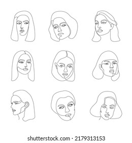 Conjunto de caras femeninas en una línea de arte. Retratos surrealistas en vector. Aislado sobre fondo blanco. Trazo editable