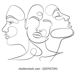 Conjunto de caras femeninas en una línea de arte. Retratos surrealistas en vector con formas abstractas. С café y paleta de color leche.