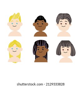 Eine Reihe von Gesichtern von Menschen mit unterschiedlichen Nationalitäten, die flach Design Stil sind.