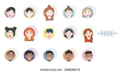 Set faces of people of different races, different moods vector, isolated on white background,  Flat cartoon flat style. illustration Vector EPS 10