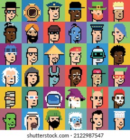 Set of faces in pixel style. Heads of different characters. svg