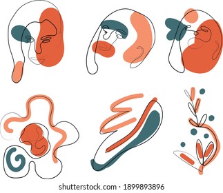 A set of faces and plants. Modern hand-drawn vector illustrations. Continuous line, minimalistic elegant concept.