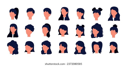 Set of faces in profile with different color hairstyles. Ponytails, buns, curls, long hair. Vector stock illustration. Isolated. White background. Flat style. Characters