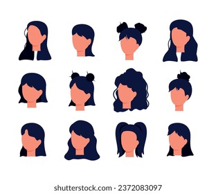 Set of faces in profile with different color hairstyles. Flat style. Characters.Vector stock illustration. Ponytails, buns, curls, long hair. Isolated. White background. People