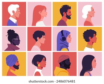 A set of people’s faces in profile. Different races and nations. Diversity. Young and old person avatars. Side view. Society and population. Vector flat Illustration