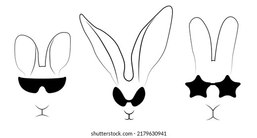 A set of faces of a rabbit, a hare in sunglasses. Collection of portrait hares with glasses. Easter bunny. 2023 Vector illustration on a white background.