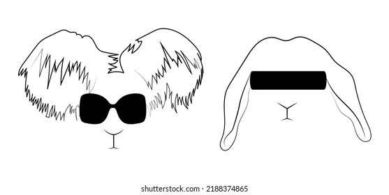 A set of faces of a rabbit, a hare in sunglasses. Collection of portrait hares with glasses. Easter bunny. 2023 Vector illustration on a white background.