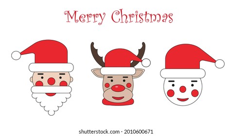 A set of faces of Santa Claus, a deer and a snowman in red Christmas hats with the inscription merry Christmas. For stickers, pictures and holiday greetings