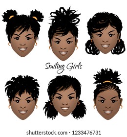 Set of faces of smiling black girls with  dreadlocks and different hairstyles. Vector illustration.