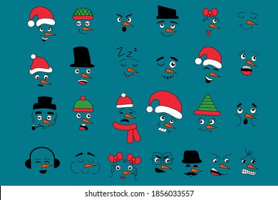 Set of faces snowmen collection of cartoon. Cute faces. Hand drawn vector illustration.