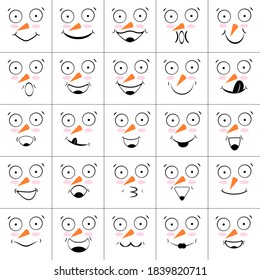Set of faces of snowmen with smiles, laughter and nose with carrot. Collection of emoticons and emoji. Black and outline elements on a white background. Isolated vector illustrations, icons.