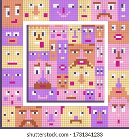 Set of faces for square frames, cards, wrapping paper. Pixel art, gaming style, simple geometry. Concept of friendship of different people, emotions, set of minds, characters, temperaments, creatures