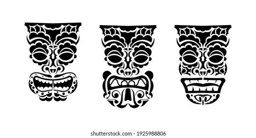 Set of Faces totems in ornament style. Polynesian, Maori or Hawaiian tribal patterns. Good for prints, tattoos, and t-shirts. Isolated. Vector 