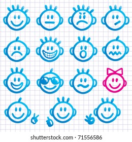 Set of  faces with various emotion expressions. Vector Smileys and emoji.