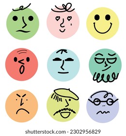 Set of faces with various emotions, abstract hand drawn, flat style