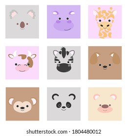 set of faces of wild and domestic animals in a square frame in pastel colors. Vector illustration.