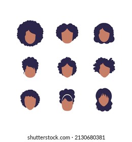 Set of faces Women of African American appearance. Isolated. Vector illustration.