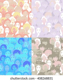 set faces of women, girls monochrome seamless vector illustration