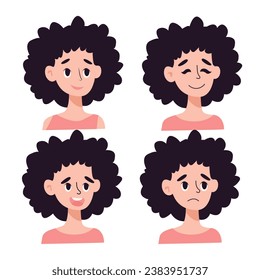 set of faces.Young woman show different emotions: angry, sad and love. Millennial girl demonstrates various moods, facial expressions. Female feel mad, unhappy or loving. Flat vector illustration