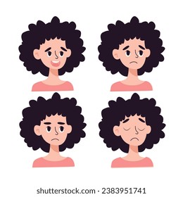 set of faces.Young woman show different emotions: angry, sad and love. Millennial girl demonstrates various moods, facial expressions. Female feel mad, unhappy or loving. Flat vector illustration