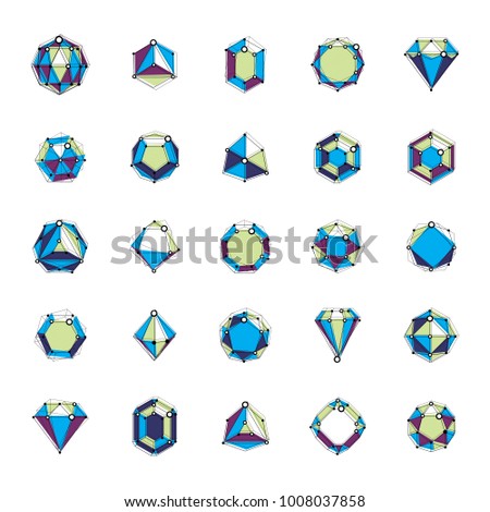 Set of faceted gemstone illustrations. Collection of abstract vector low poly objects with lines and dots connected can be used as corporate identity abstract logos.