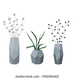 Set of faceted vases with blooming flowers for interior design. Abstract and live flowers in vases. flat illustration isolated on a white background