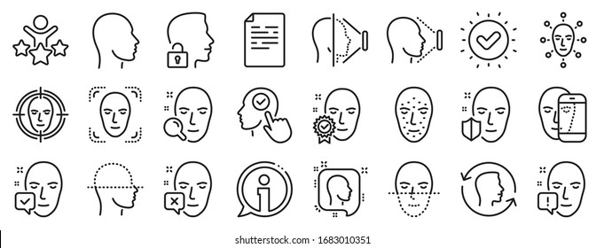 Set Of Facial Biometrics Detection, Scanning And Unlock System Icons. Face Recognition Line Icons. Facial Scan, Identification, Face Id. Confirmed Person, Biometrics Access, Unlock Smartphone. Vector