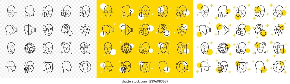 Satz von Symbolen für Gesichtserkennungsbiometrie, Scannen und Entsperren von Systemen. Symbole der Gesichtserkennungslinie. Gesichtsscan, Identifikation, Gesichtsnummer. Besicherte Person, Biometrie-Zugang, Entsperren Sie Smartphone. Vektorgrafik