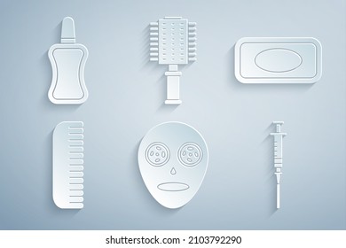 Set Facial Cosmetic Mask, Bar Of Soap, Hairbrush, Syringe,  And Nail Polish Bottle Icon. Vector