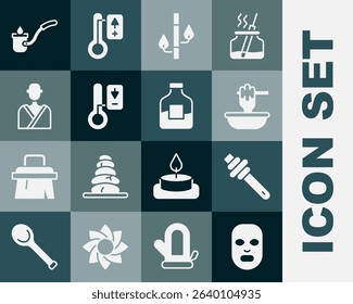 Set Facial cosmetic mask, Honey dipper stick, with bowl, Bamboo, Sauna thermometer, Man in sauna, ladle and Bottle of vodka icon. Vector
