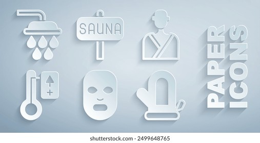 Set Facial cosmetic mask, Man in the sauna, Sauna thermometer, mitten,  and Shower icon. Vector