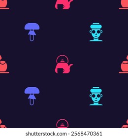 Set Facial cosmetic mask, Mushroom, Teapot with cup and Aroma candle on seamless pattern. Vector