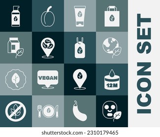 Set Facial cosmetic mask, Organic, Earth globe and leaf, Vegan food diet, milk,  and  icon. Vector