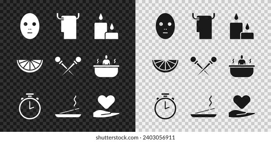 Set Facial cosmetic mask, Towel on hanger, Burning candle, Stopwatch, Scented spa stick, Heart hand, Citrus fruit and Knitting needles icon. Vector