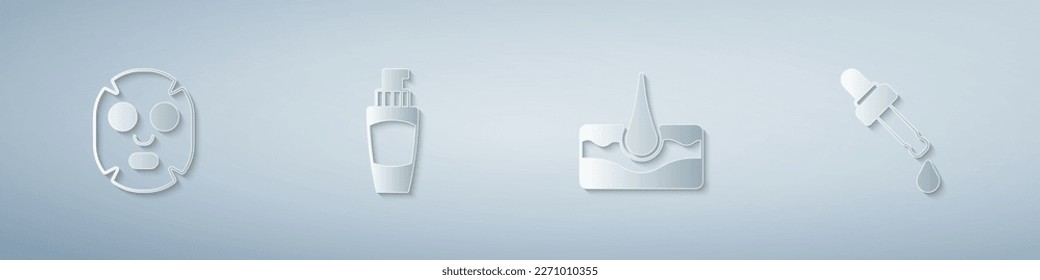 Set Facial cosmetic mask, Tube of hand cream, Human hair follicle and Pipette with oil. Paper art style. Vector