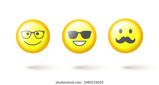 Set of facial emoticons 3d vector set. Emoji isolated on white background with shadow.