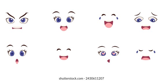 Conjunto de expresiones emocionales faciales. Ojos y boca con sentimientos diferentes. Emoji de caricatura