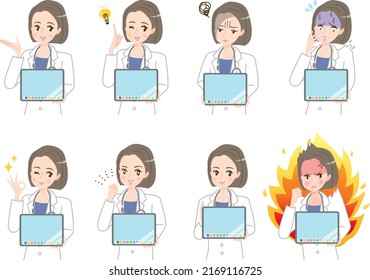 Set of facial expression illustration materials of female doctors working on a computer