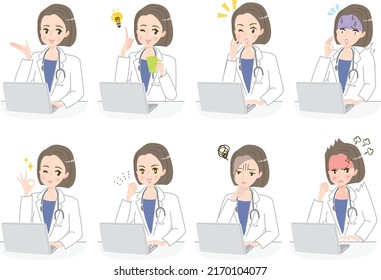 Set of facial expression illustration materials of female doctors working on a computer