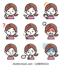 Set of facial expression illustration of a young lady