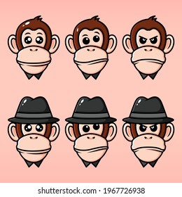 Set of facial expression monkeys. Funny monkeys in mafia hats with different expressions of emotion.