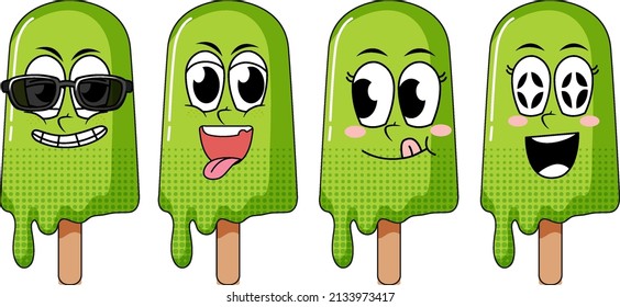 Set of facial expression vintage style icecream cartoon on white background illustration